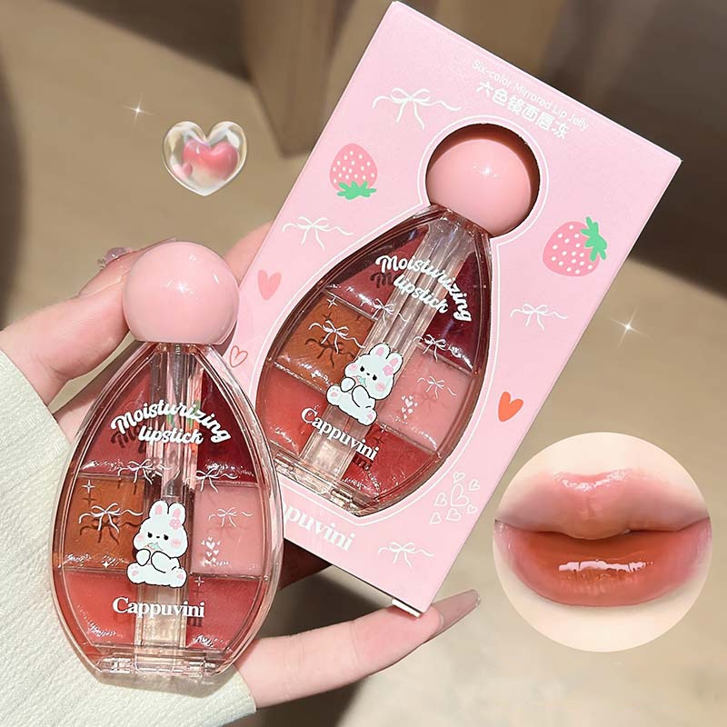 Lip Tint Korean - 6-Farben-Spiegel-Lipgloss-Palette, feuchtigkeitsspendende Jelly-Lip-Glaze, langanhaltender, nicht klebriger,