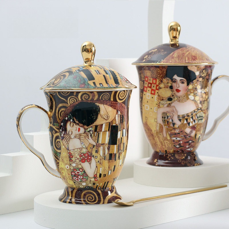 Celadon Ceramic Cup - Europäische Keramiktasse mit Deckel und Löffel,
